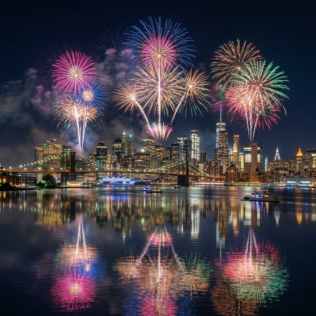 Fireworks exploding above a city skyline with reflections in the water at night